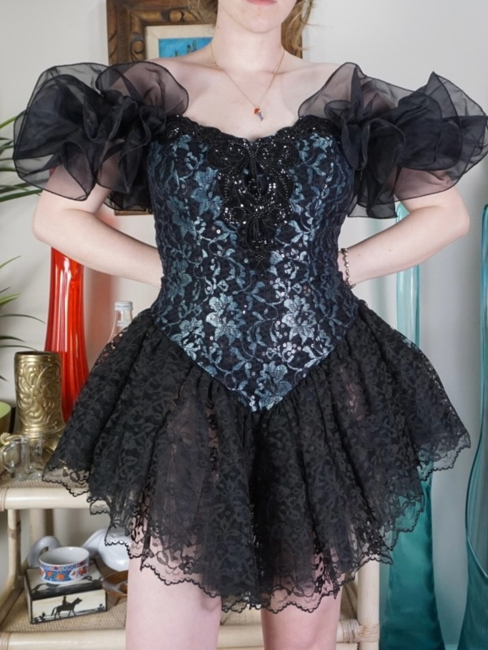 Vintage beaded puff shoulder lace frilly skating dress